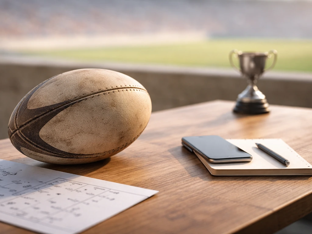 Rugby-themed money and media scene with a coaching board, suggesting a rugby star’s net worth analysis