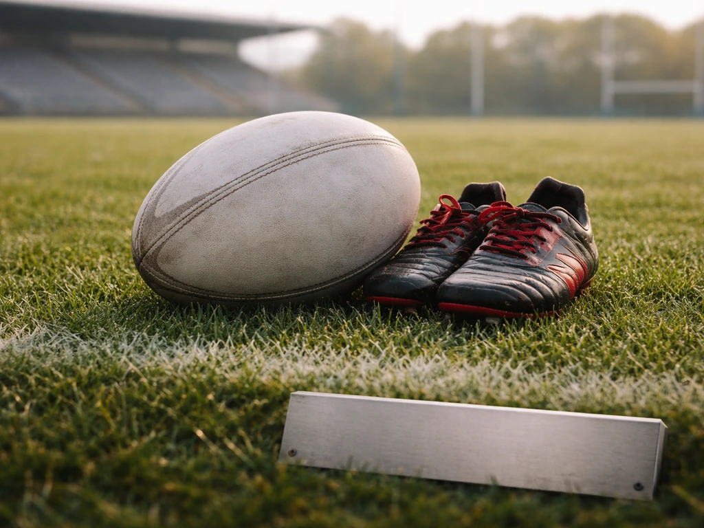 Anonymous rugby ball on grass with red-and-black boots and a blank metal plaque cue.