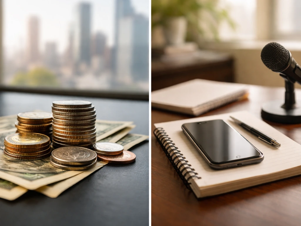 Minimal split scene suggesting two competing net worth estimates using abstract money and business research cues.