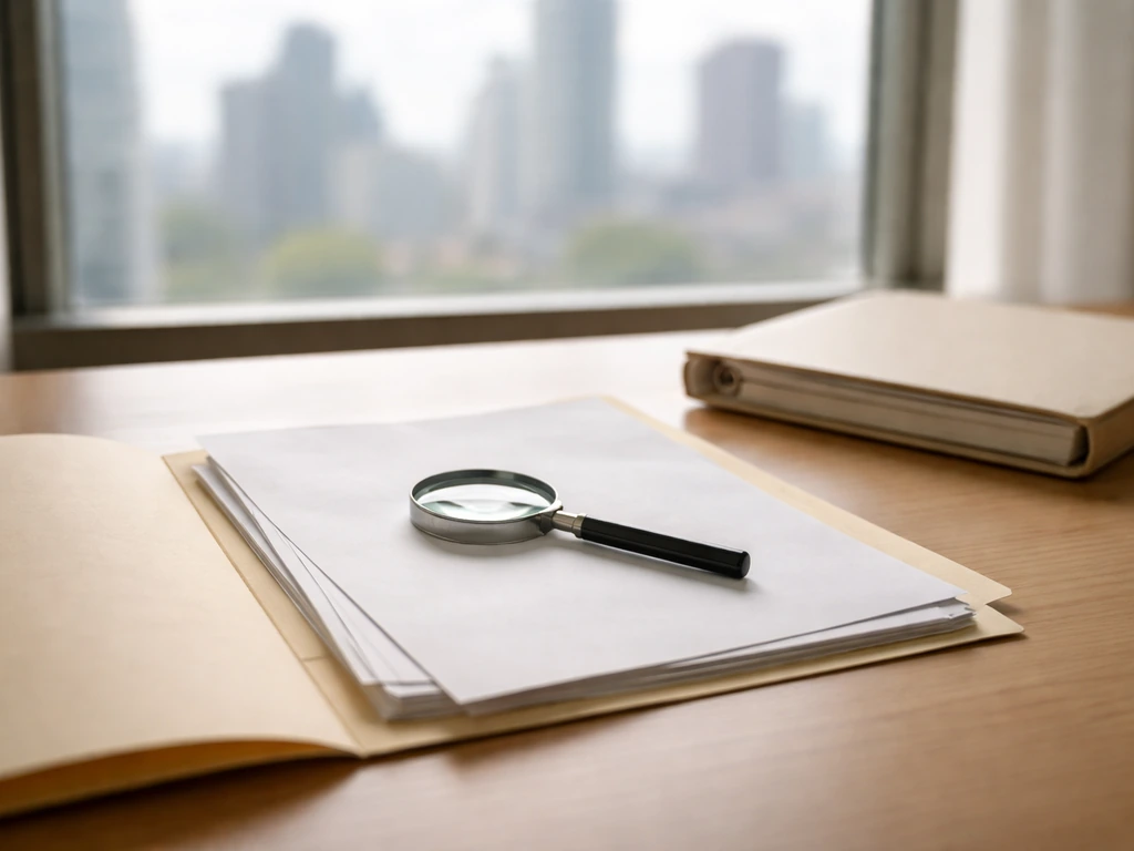 Simple desk scene with neatly stacked documents and a magnifying glass suggesting source verification