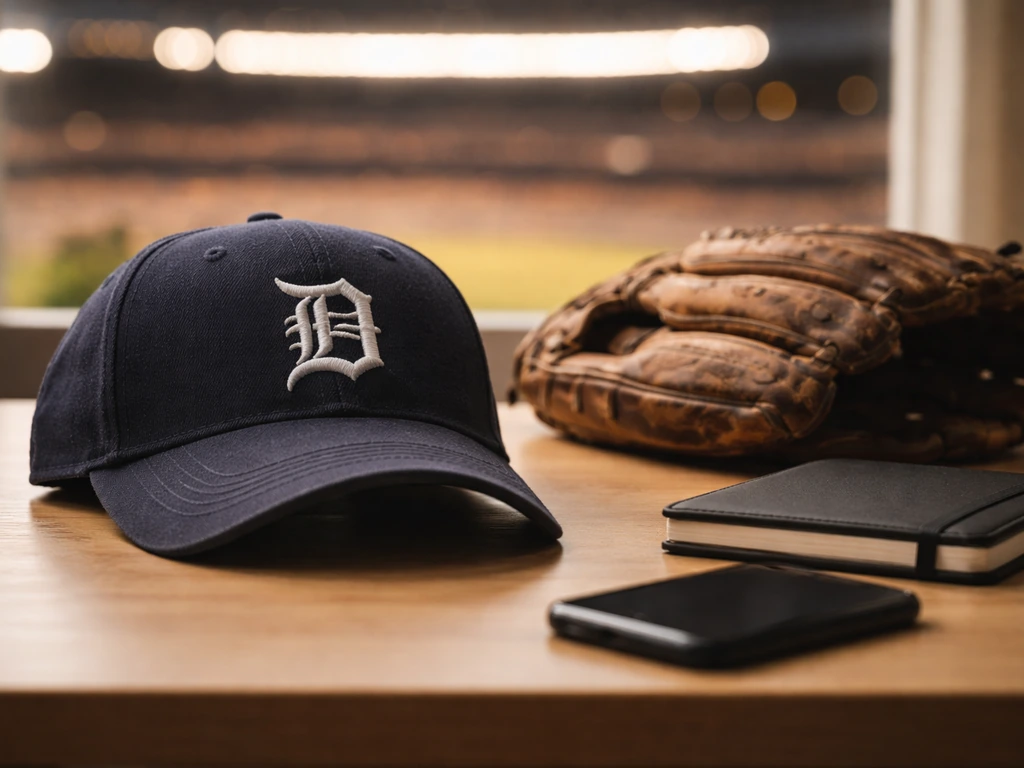 Detroit Tigers-themed baseball cap and glove on a desk beside a phone, symbolic MLB identity anchor