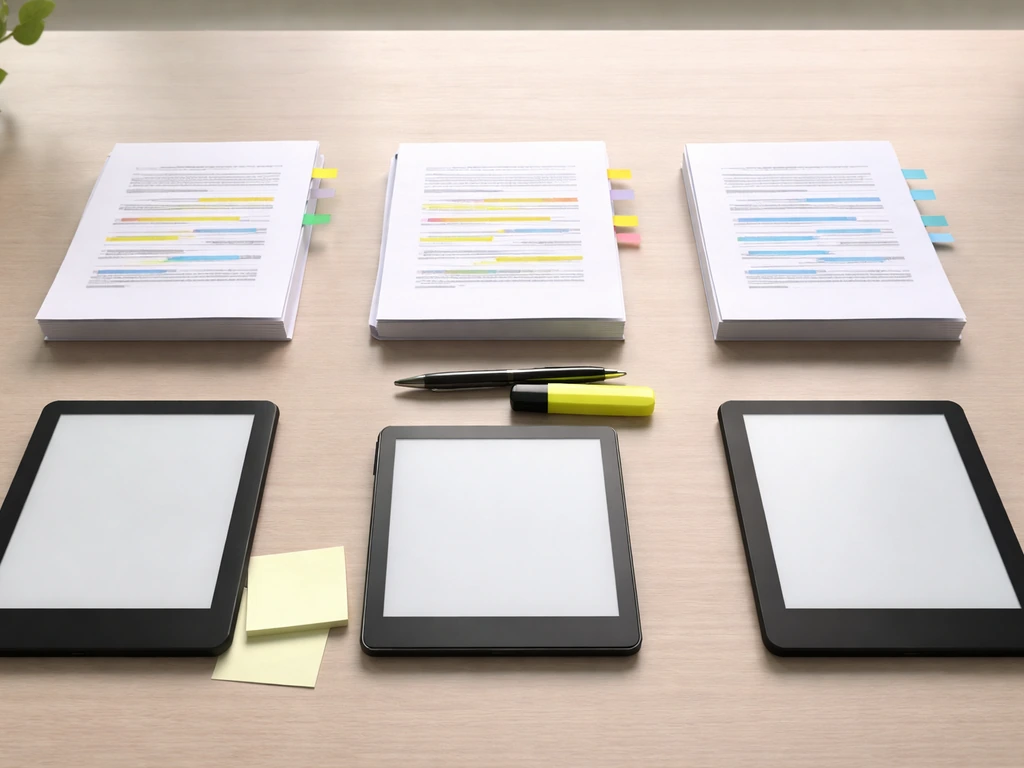 Desk setup with three source pages and electronic screens, highlighting fields for cross-checking.