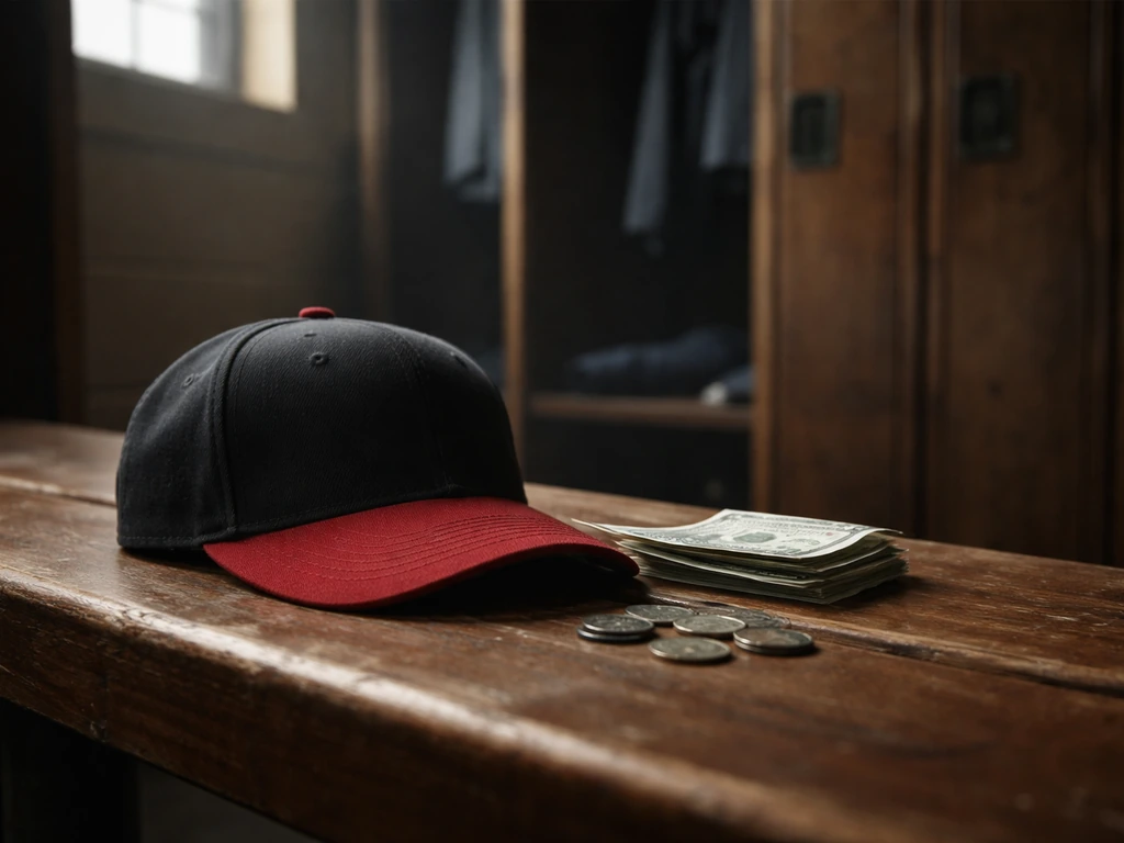 Empty baseball locker room with a Detroit Tigers cap and a few coins on a bench, moody natural light.