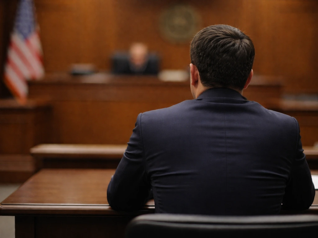 Anonymous man in a dark suit seated in a courtroom with blurred judge’s bench and flag behind
