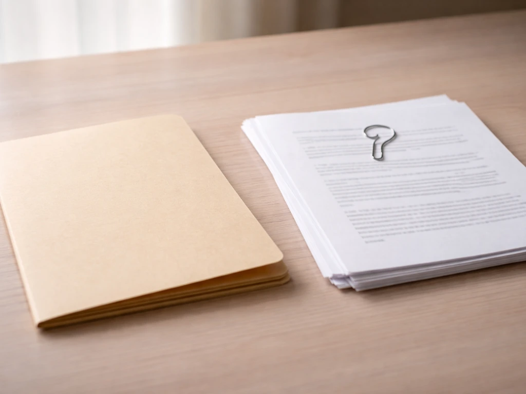 Minimal desk scene with a single folder and documents suggesting confirmed vs disputed financial assets.