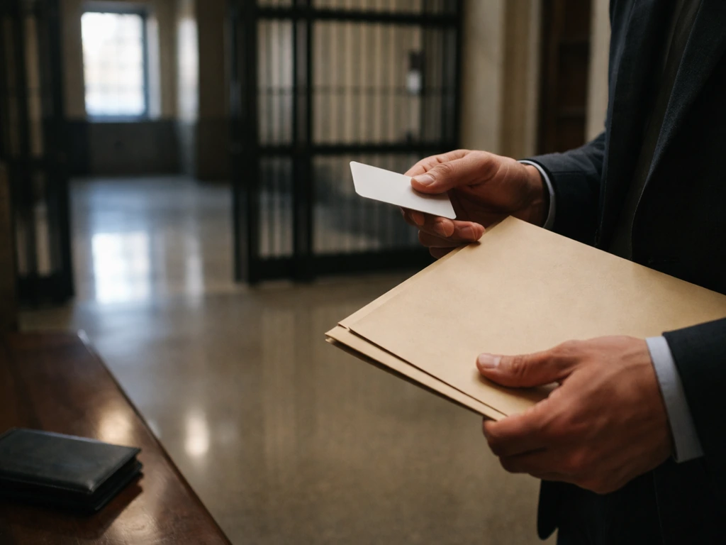 Hands holding a keycard and folder near a security gate with a wallet on a bench in a courthouse hallway.