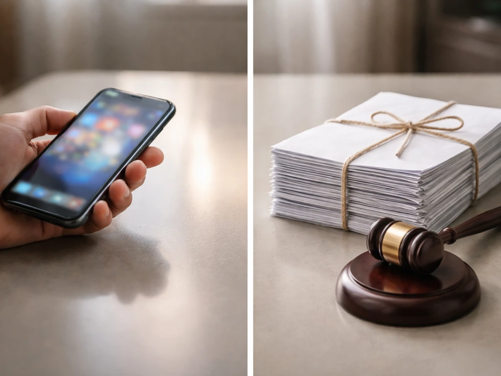 Two-part scene: a phone hinting at rumor beside tied legal documents and a gavel showing court evidence.