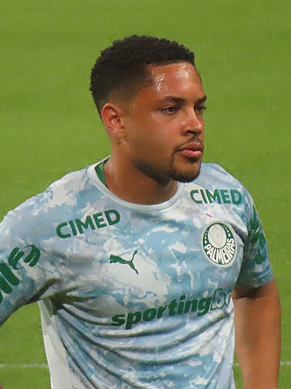 Vítor Roque in a Palmeiras match wearing a green patterned kit.
