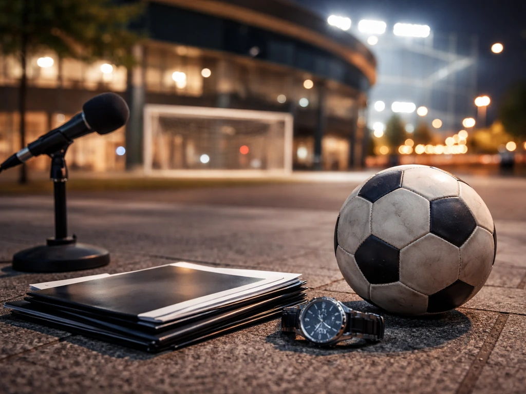Football and media gear near a stadium at dusk, symbolizing public interest in a young striker’s net worth.