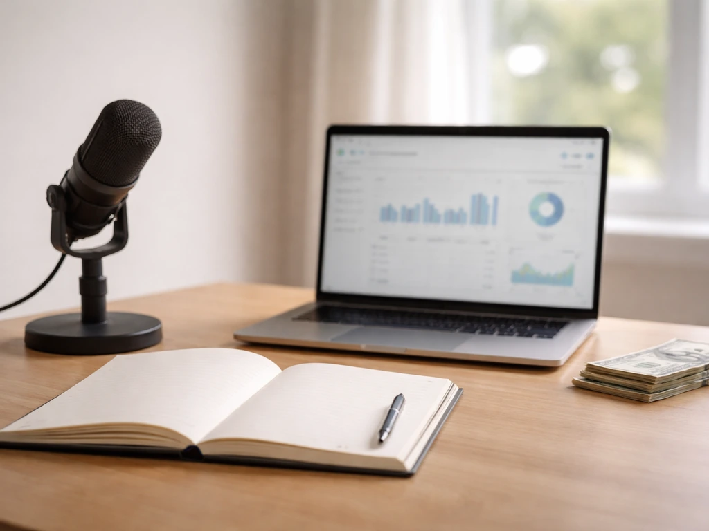 Minimal office desk with blank notebook, laptop, and microphone suggesting career earnings analysis.