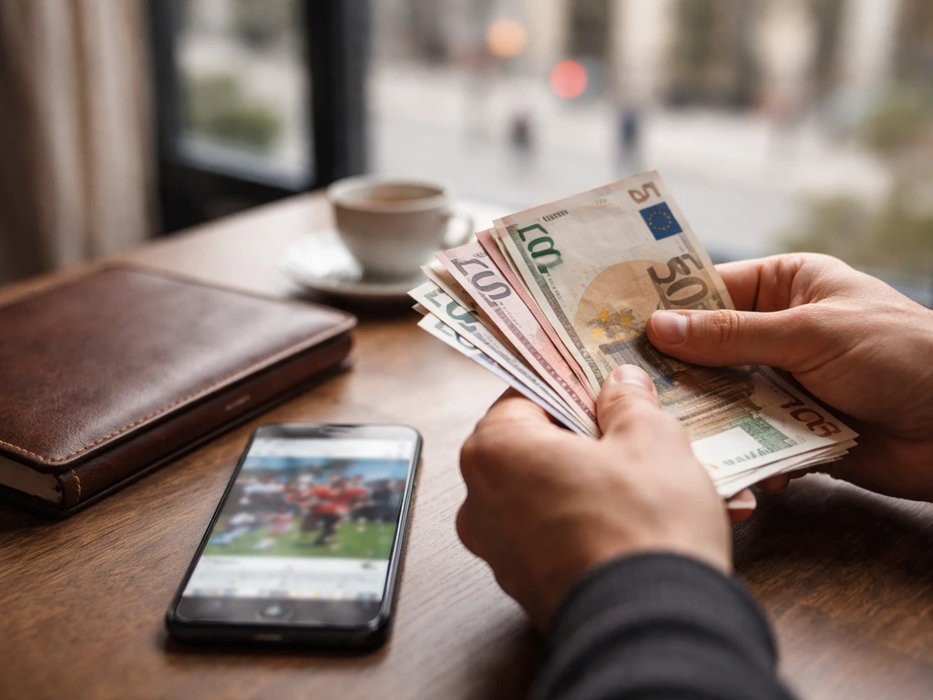 Hands counting euro notes beside a phone and leather notebook with a blurred city backdrop.