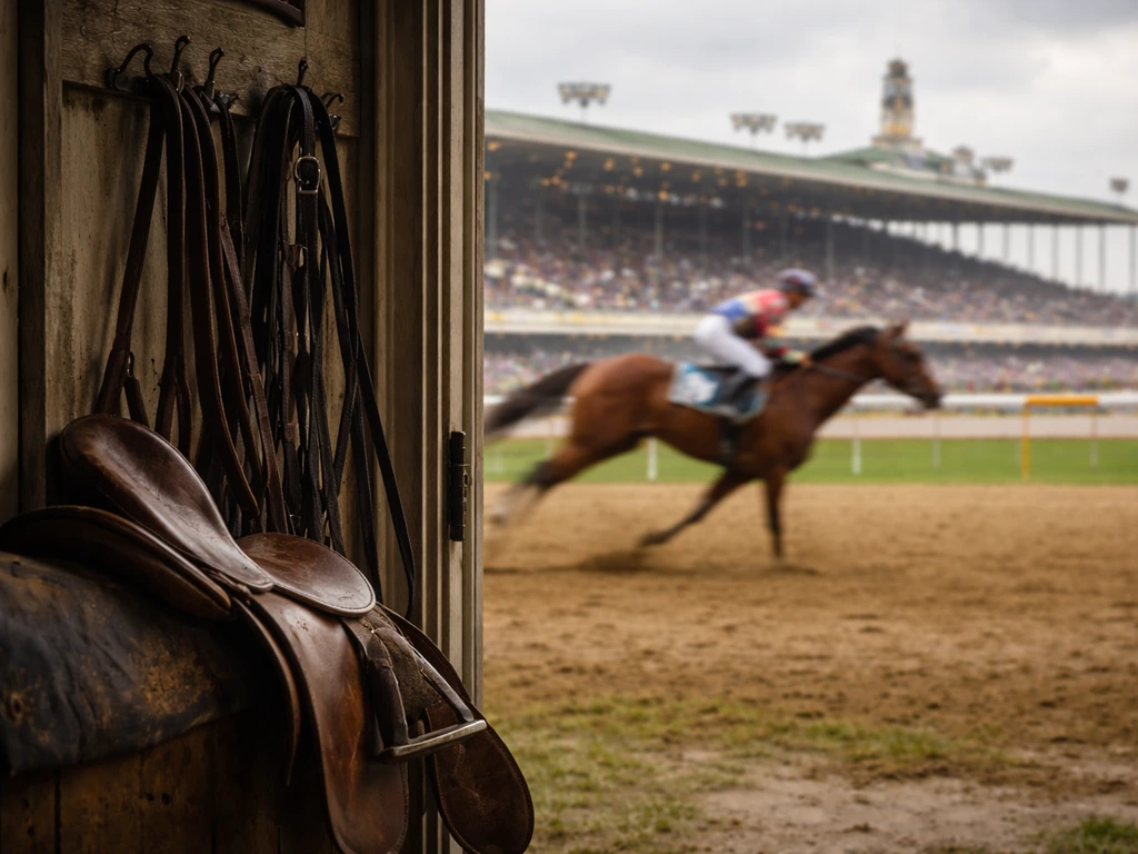 Triple Crown racing scene with a jockey silhouette and rich track atmosphere, symbolizing a champion’s milestone