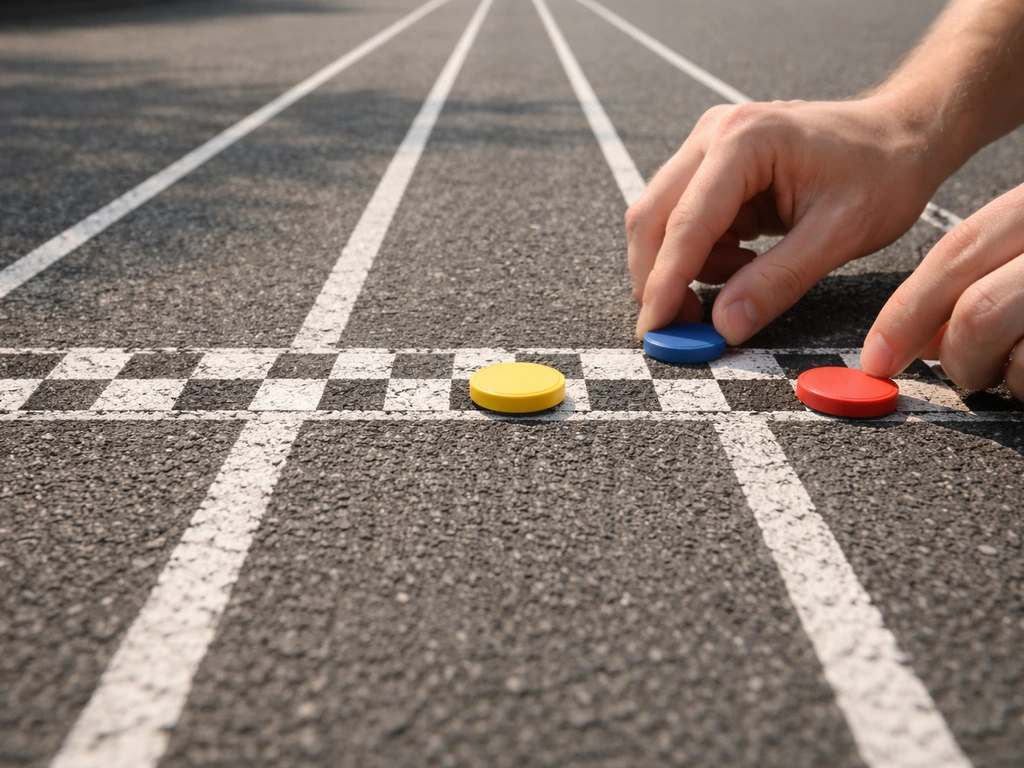 Hands placing small numbered tokens on a racetrack surface to represent finish-position percentage tiers.