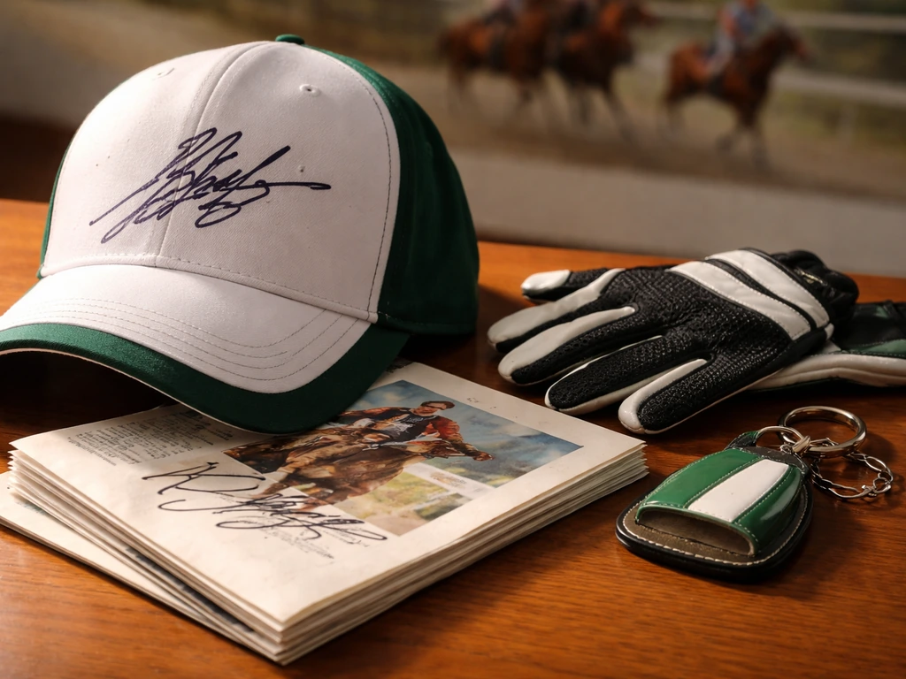 Close-up of autographed racing memorabilia and licensed merchandise laid on a simple desk