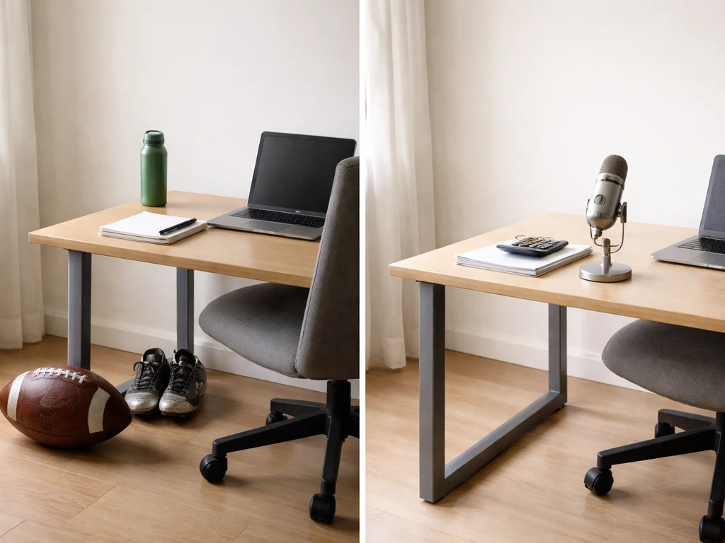 Two simple desk setups side by side: one sports-themed with a football, one business-themed with a microphone.
