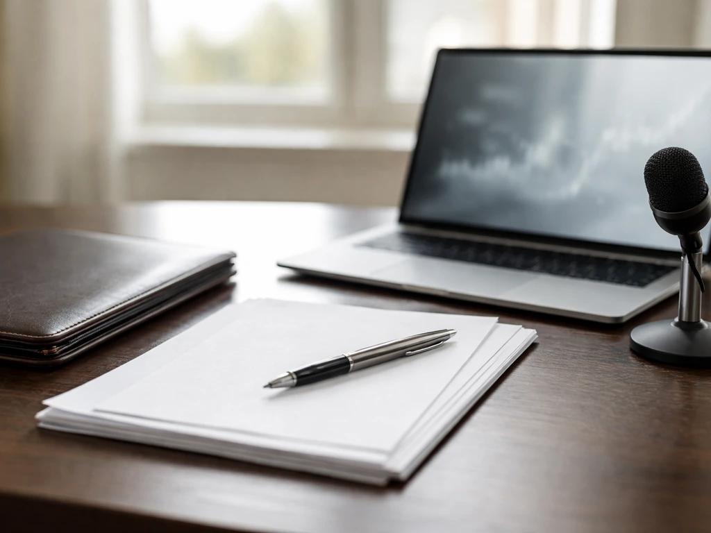 Minimal photo of a business desk with scattered formal documents, a pen, and a laptop showing blurred financial visuals
