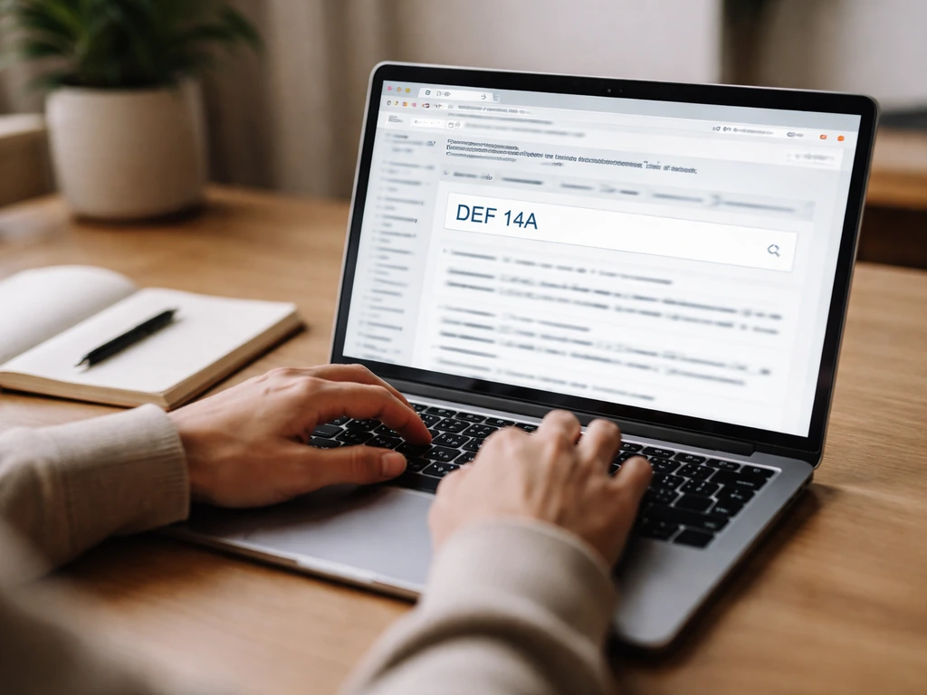 Anonymous hands using a laptop showing a DEF 14A filing search results page on a government securities site.