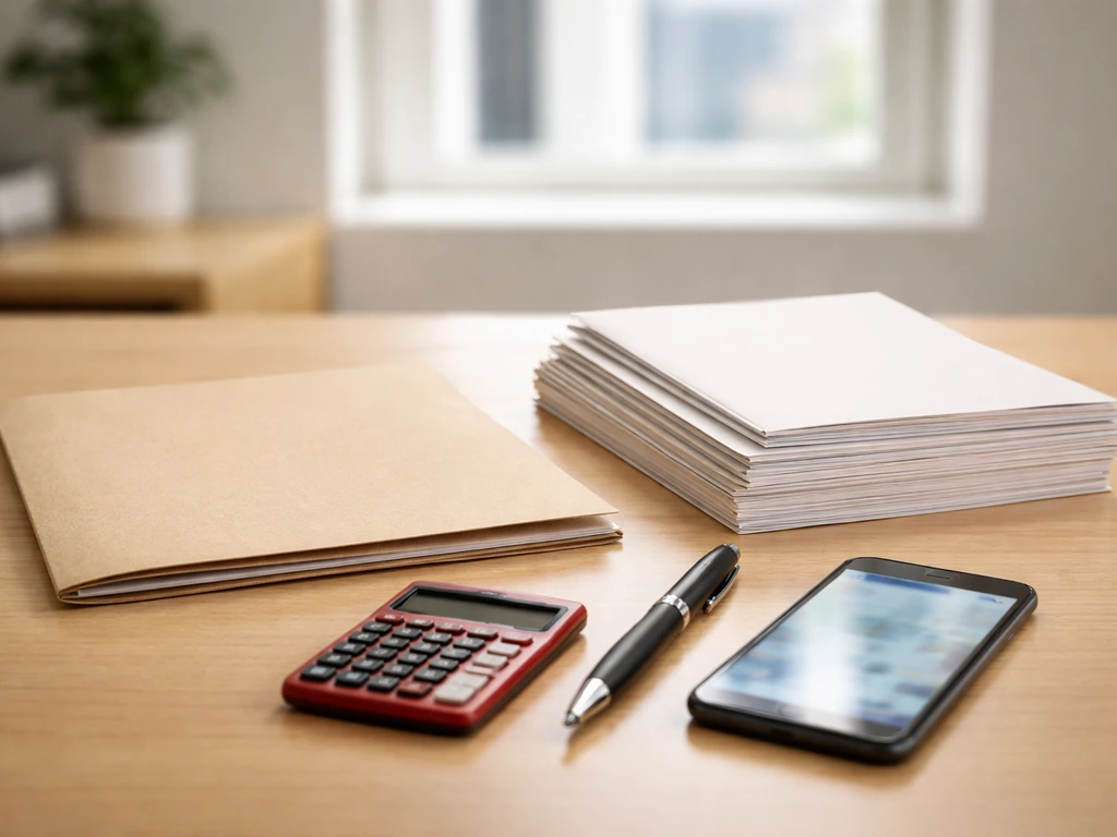Desk with public-record folders, a calculator, and a smartphone showing verification research vibe