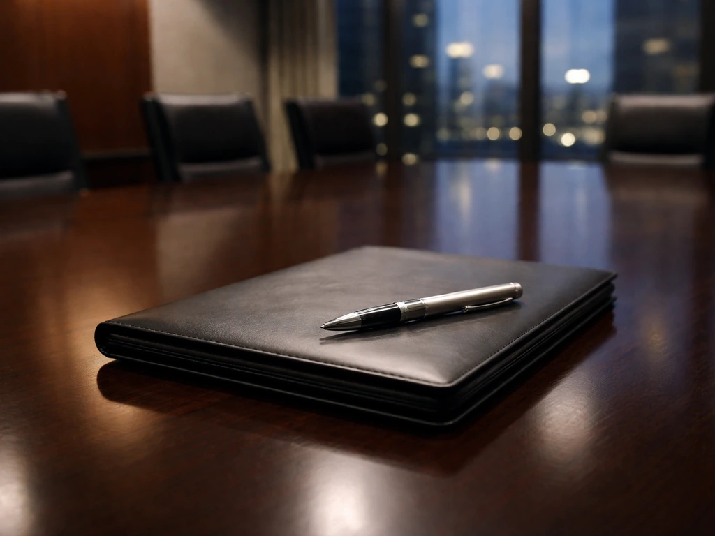 Minimal boardroom scene with a closed portfolio and pen on a conference table, symbolizing corporate equity.