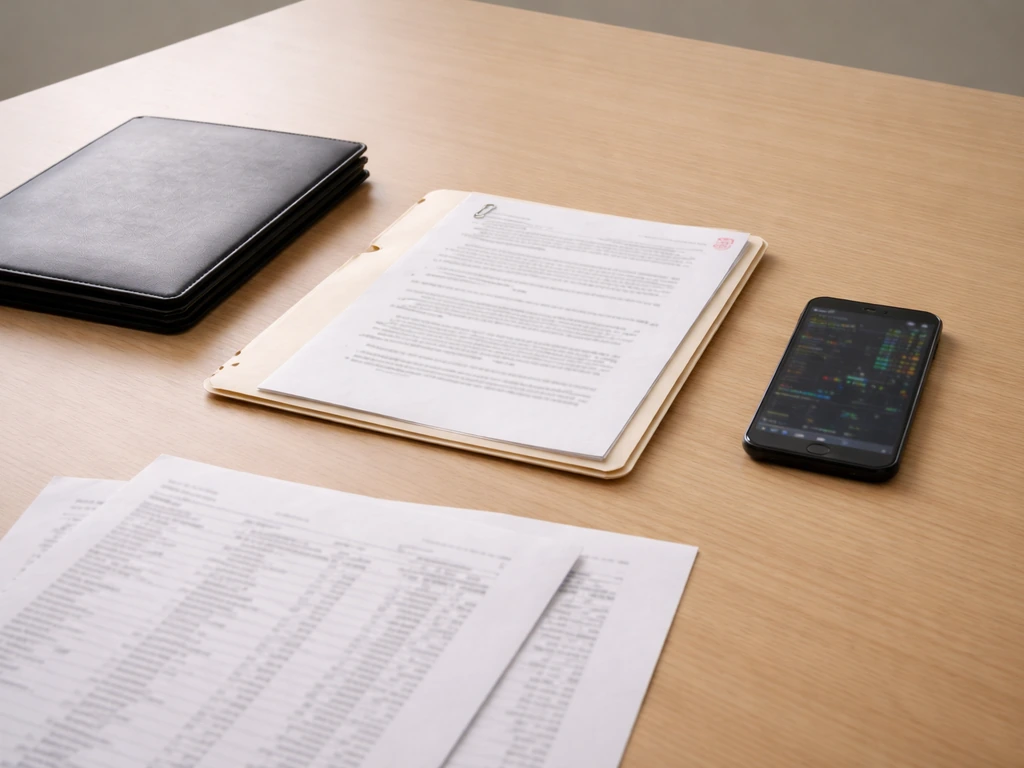 Desk with an open filing folder and blurred stock-trading phone screen, suggesting documented stock transactions.
