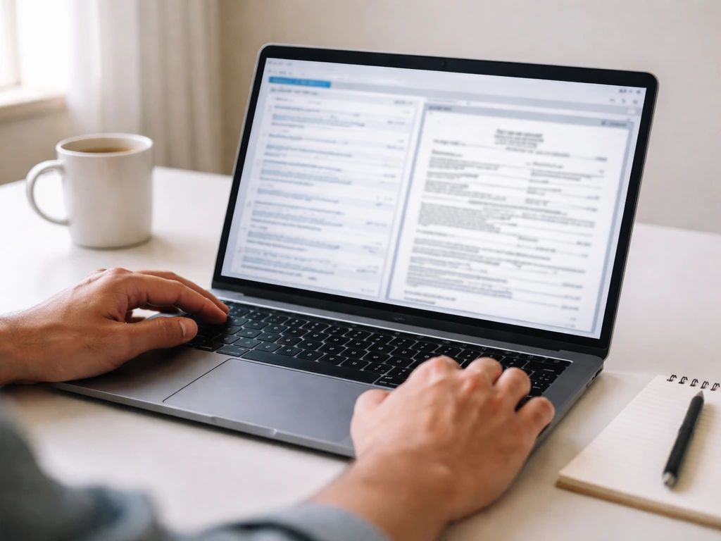 Person reviewing SEC EDGAR filings on a laptop, resolving conflicting financial figures.