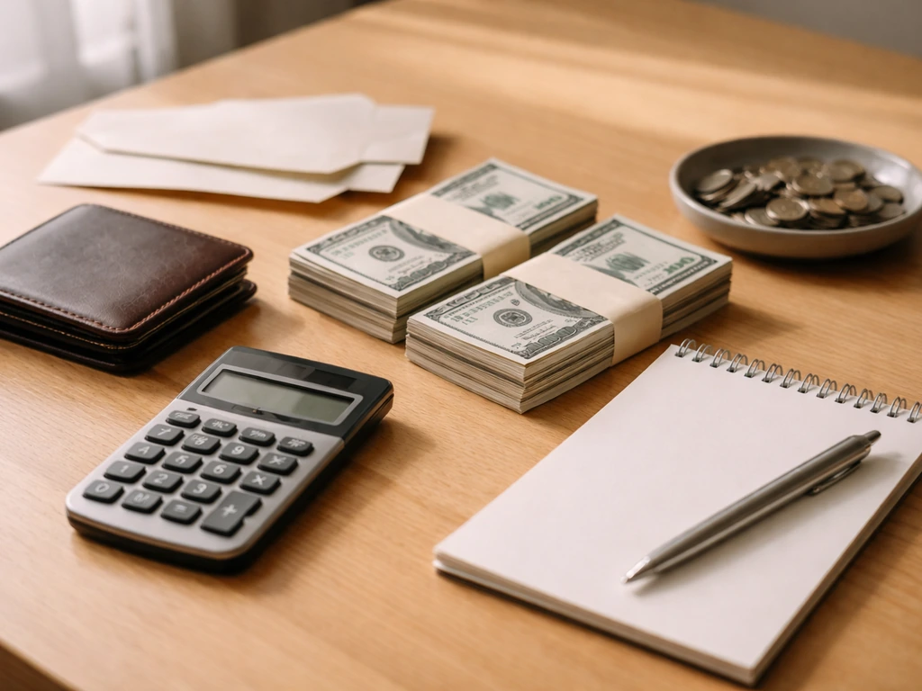 Minimal photo of an anonymous desk setup with envelopes and a calculator showing a money-range theme