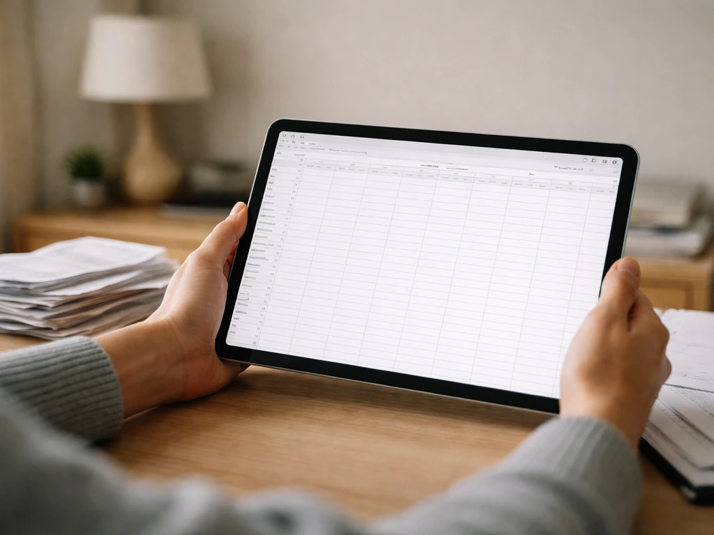 Hands review a blank spreadsheet on a tablet beside receipts and bills on a quiet desk.