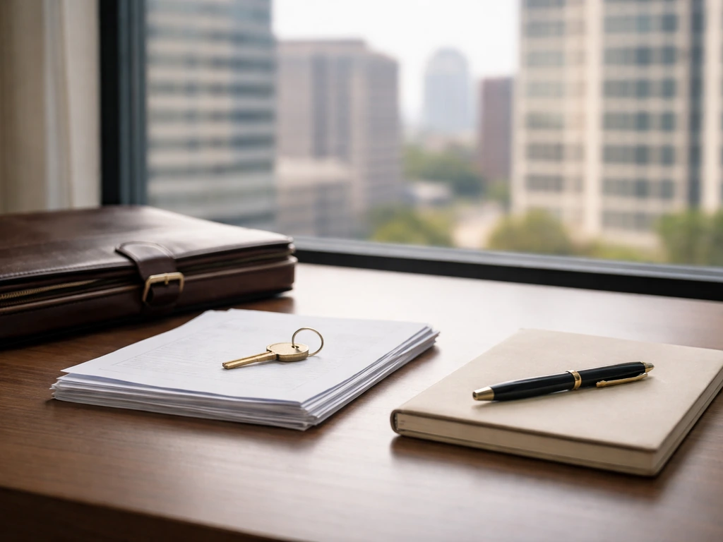 Real estate transaction scene with a small notebook and keychain on a quiet desk near city skyline.