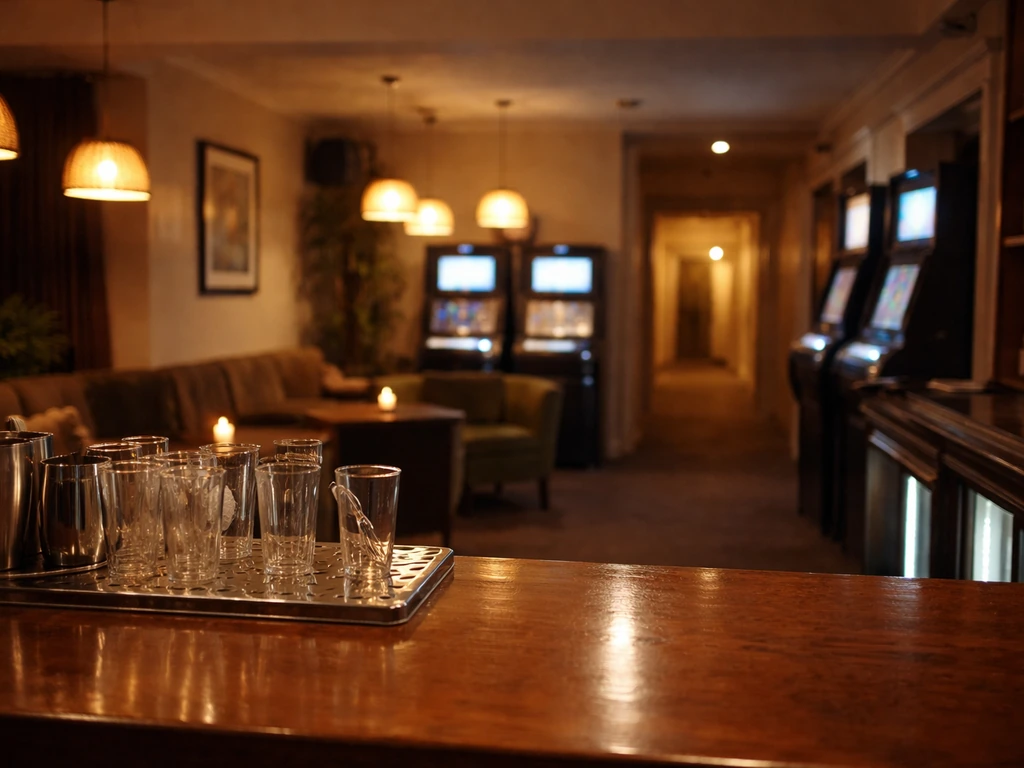 Minimal photo of a hotel lobby bar area with a few gaming machines in view, warm evening lighting