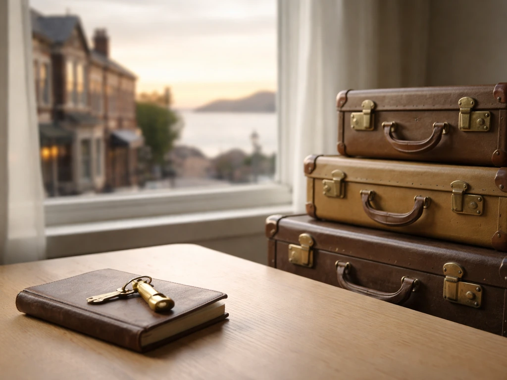 Brass hotel key and vintage ledger beside stacked suitcases, with a blurred Victorian street view and sunset horizon.