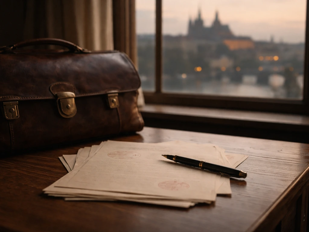 Prague skyline at dusk with a leather briefcase, scattered Czech-style papers, and a brass pen on a desk
