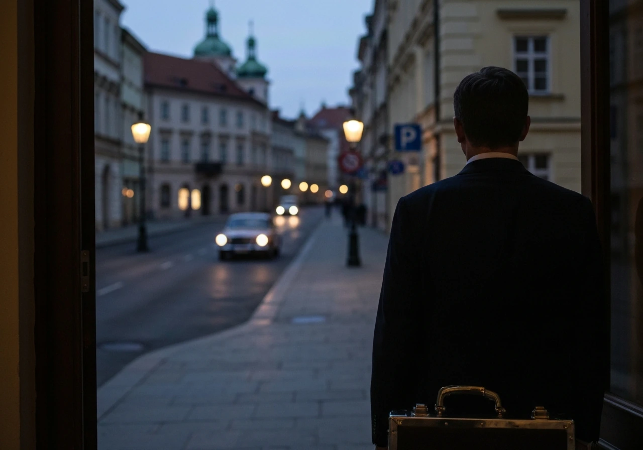 Back view of a suited man with a briefcase outside a historic building at dusk, press-like atmosphere.