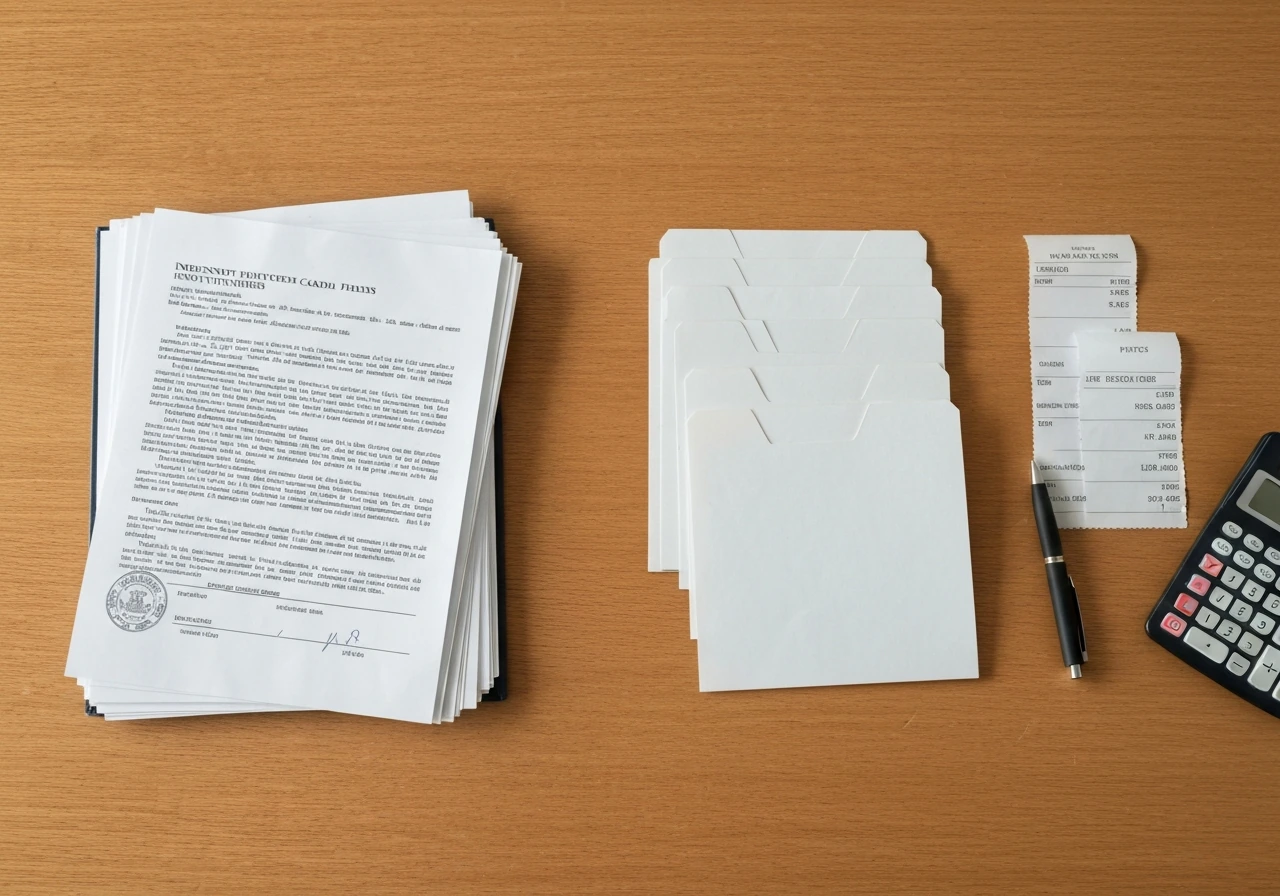 Close-up of scanned court filing pages beside a simple spread of anonymous financial documents, no text visible.