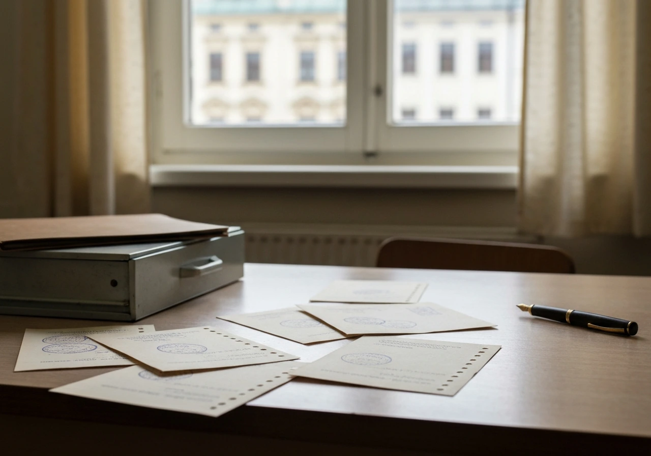 Vintage Czech voucher papers on a desk in an early-1990s Prague office with window light.