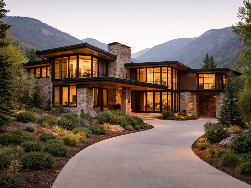 Luxury modern house exterior with a landscaped driveway and mountainside backdrop