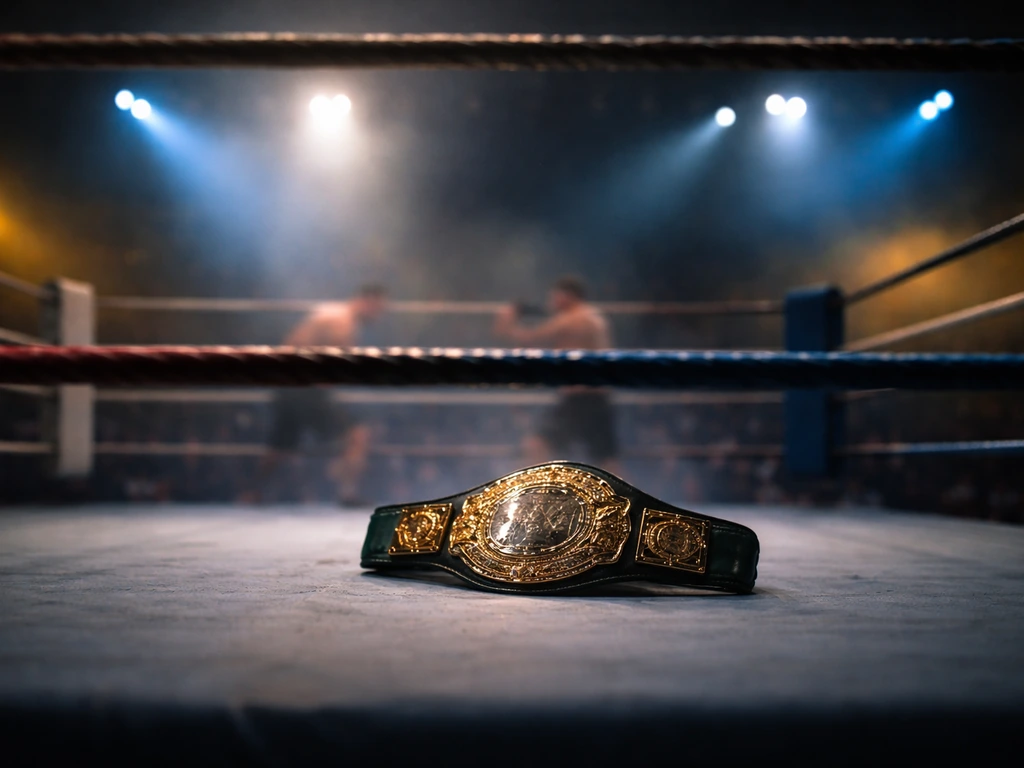 Ukrainian boxing ring under arena lights with focus on ropes and a gleaming championship belt on canvas