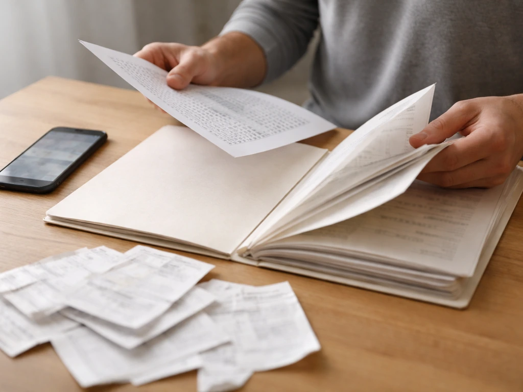 Hands comparing financial documents and bank statements on a desk with a smartphone for cross-checking.