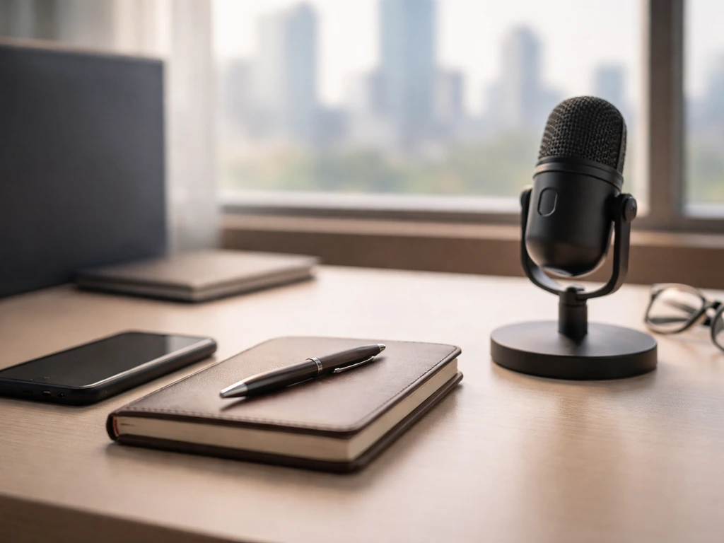 Minimal photo of a finance/media workspace with a notebook and microphone, symbolizing identity verification before trus