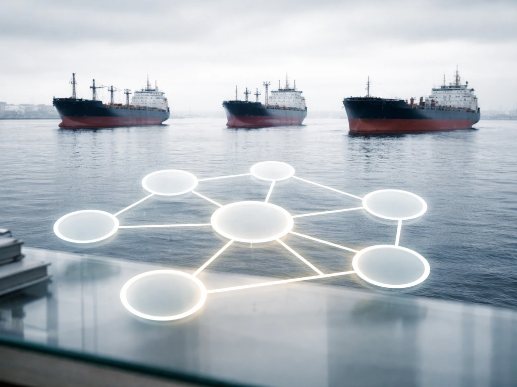 Two cargo ships and a blurred corporate ownership chart with ownership circles and lines