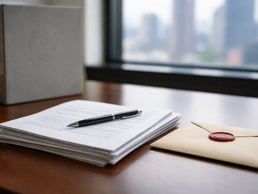 Close-up of anonymous SEC-style filing pages on a desk with a pen and cash, suggesting regulatory oversight.