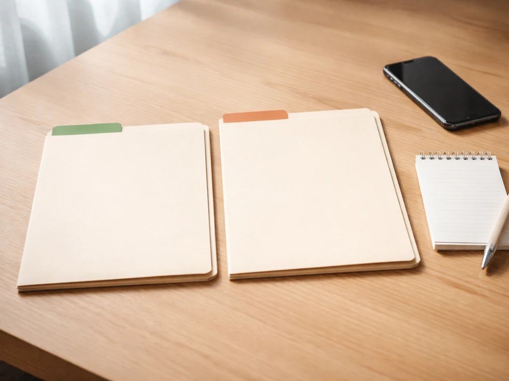 Minimal desk scene with two closed folders representing competing sources and a small handheld notepad