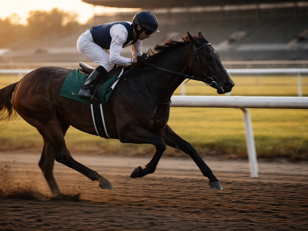 Anonymous jockey riding a dark Thoroughbred on a racetrack at golden hour, blurred background