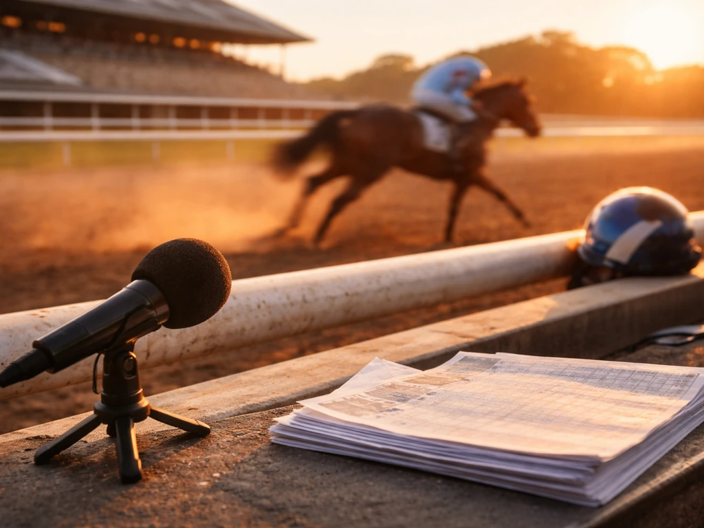 Racetrack media scene with microphone and racing papers, warm light, motion blur—no identifiable jockey.