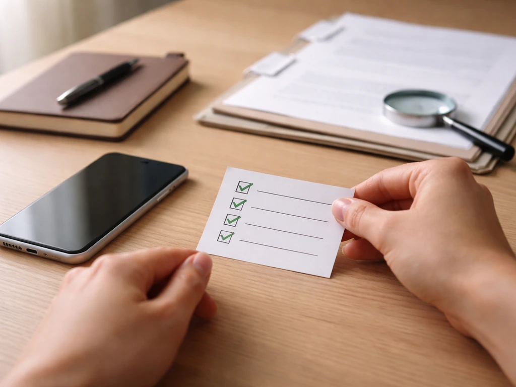 Hands review blank checklist and official-looking documents on a desk with a magnifying glass