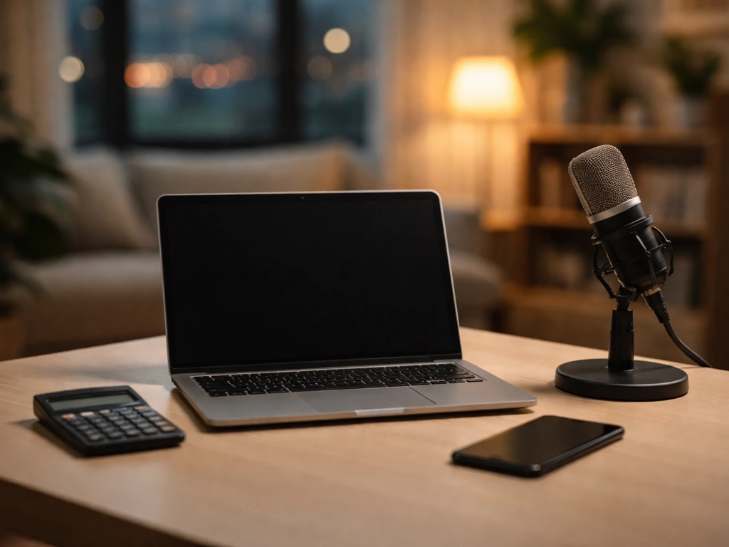 Anonymous finance and media research scene with a laptop, calculator, and microphone—symbolizing net worth source verifi