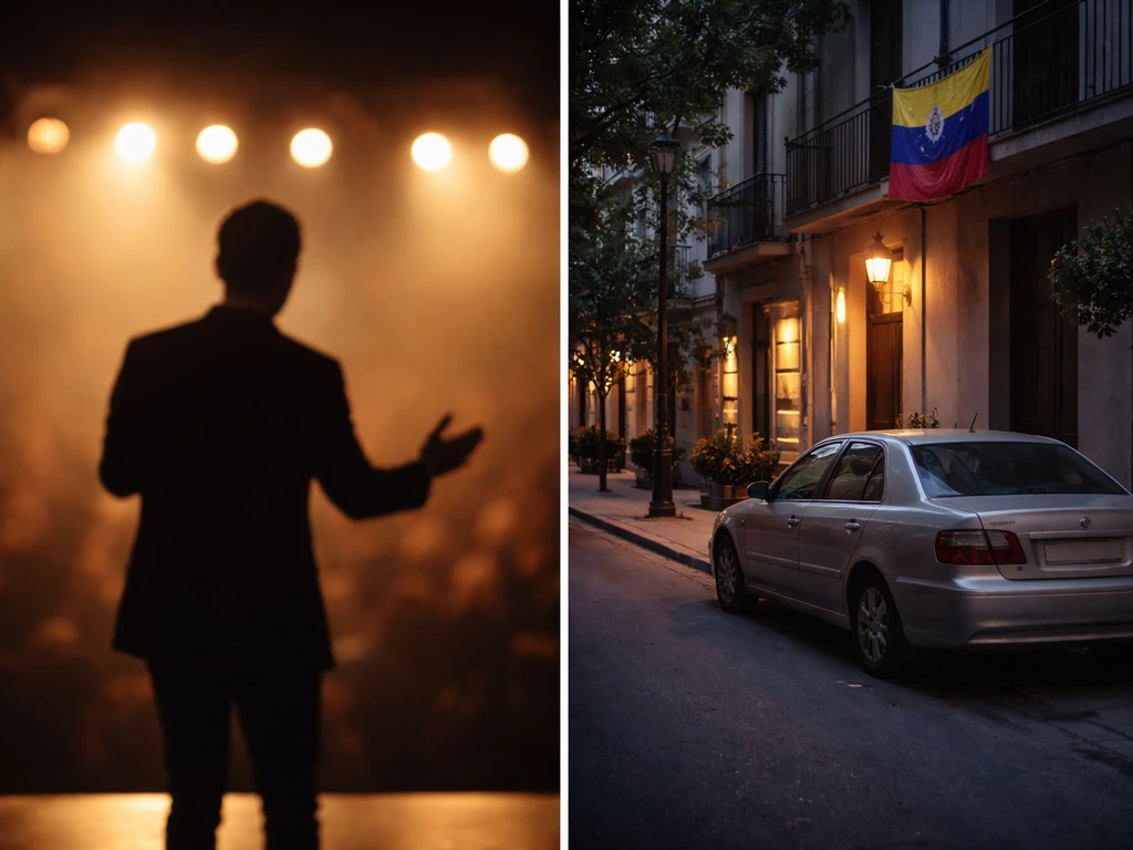 Side-by-side minimal photos: generic actor stage scene versus a subtle Venezuelan city setting at dusk.