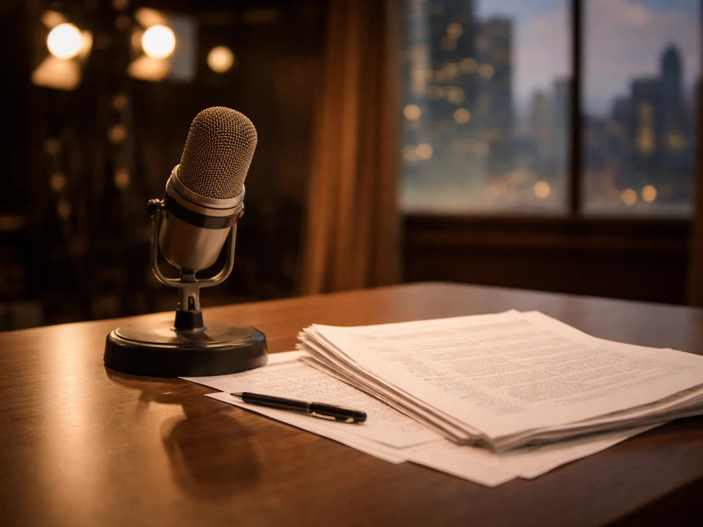Minimal photo of a studio desk with scripts and a vintage microphone, symbolizing tracking TV income sources.