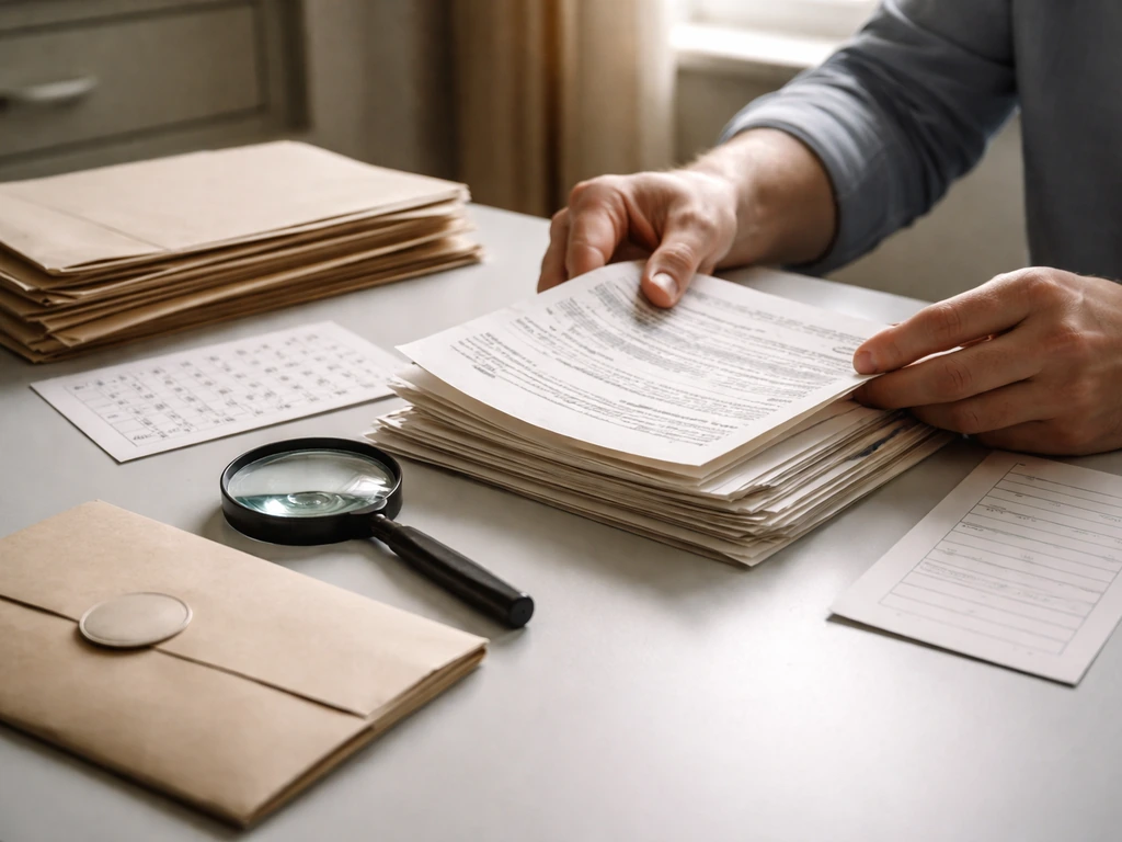 Person sorting printed documents with a magnifying glass and timestamped notes on a desk
