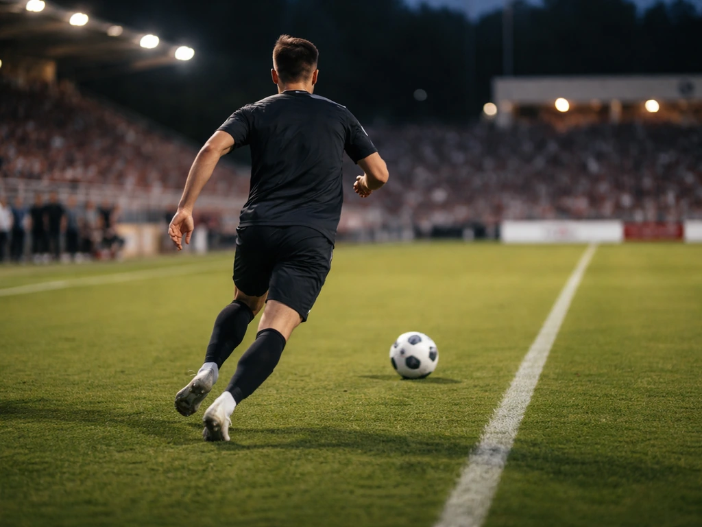 Mid-distance shot of a footballer sprinting toward the ball on a quiet stadium pitch.