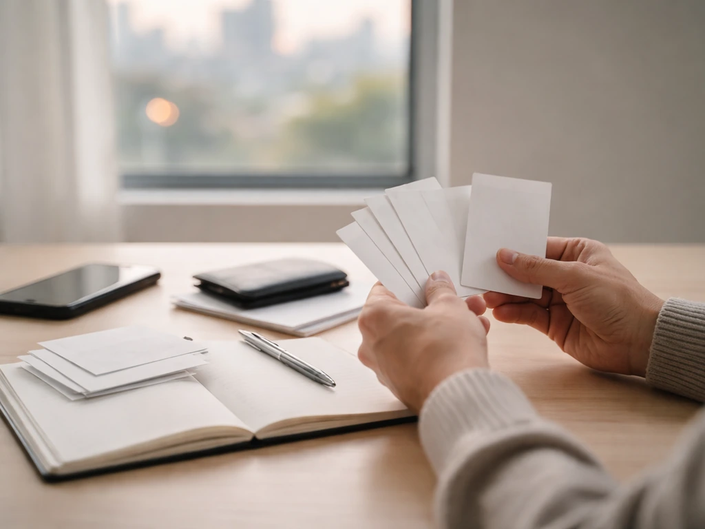 Anonymous hands review blank index cards on a desk with pen, phone, and wallet in natural light